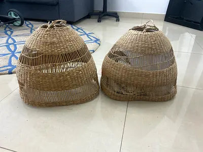 Pair of woven rattan pendant lampshades (natural finish)