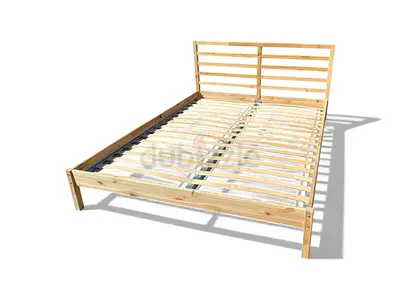 Solid Pine Slatted Double Bed Frame with Headboard — Light Wood