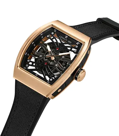 Cerruti 1881 Mens Skeleton Sport Watch - Rose Gold Case, Black Strap