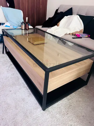 Modern Glass-Top Coffee Table with Wood Shelf and Black Frame