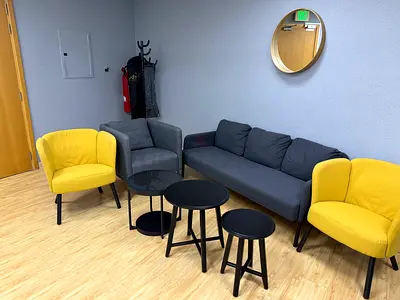 Modern Grey 3-Seater Sofa with Yellow Accent Chairs and Nesting Tables with mirror