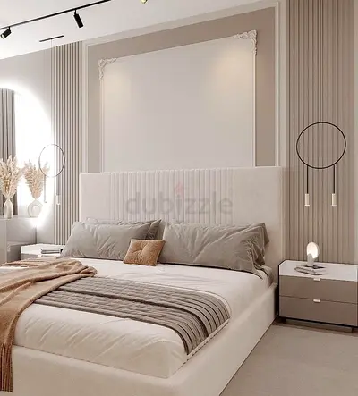 Modern upholstered queen-size bed with padded headboard - cream/beige