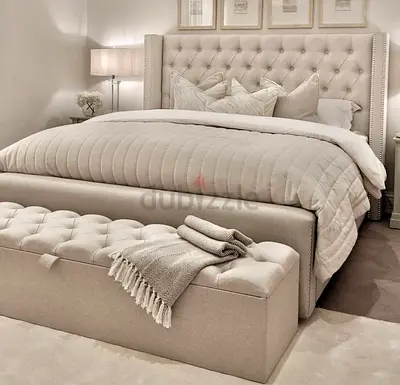 Beige Upholstered All Size Bed with Tufted Headboard .