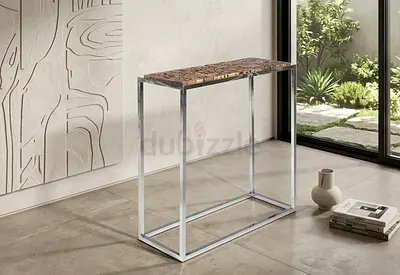 Marina home Slim Console Table with Chrome Frame and Wooden Mosaic Top