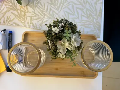 4 pcs bathroom accessories Wooden  Tray with 2 Glasses and decorative flowers