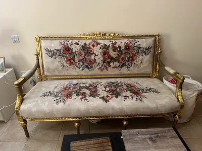Vintage Floral Upholstered Sofa with Gold Trim - 2-Seater