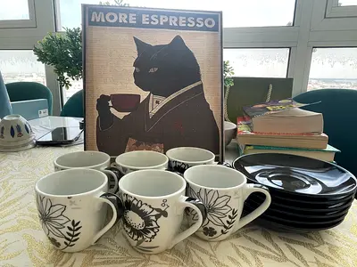 Set of 6 Ceramic Espresso Cups with Saucers - White with Black Floral Design