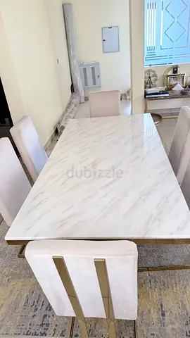 Marble-effect Dining Table with 6 Upholstered Chairs - Good Condition