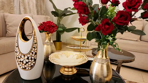 Gold  White Decorative Living Room Set — Vases, Cake Stand and Decorative Bowl