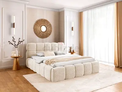 Plush Upholstered King-Size Bed Frame in Cream Sherpa