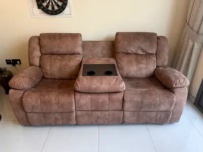 3-Seater Recliner Sofa with Center Console and Cup Holders - Beige Suede, very good condition