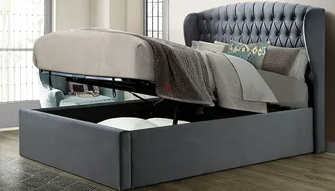 Grey Upholstered Ottoman Storage Bed with Tufted Headboard - Queen/King (Good Condition)