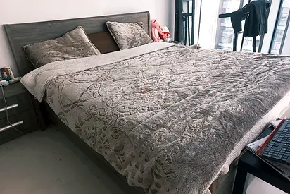 Queen wooden bed frame with mattress and bedding - flawless condition