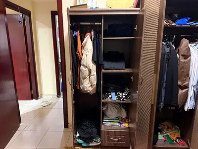 Two (2) Used Wooden Wardrobe, One 3 Door, 2nd 2 Door / Armoire with Shelves and Hanging Space