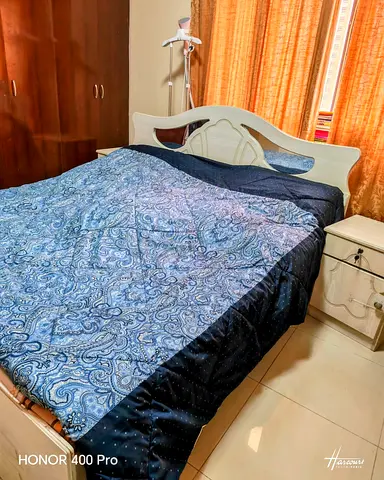 White Wooden Double Bed with Headboard and Matching Nightstand and Dressing Table - Good Condition