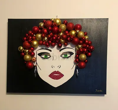 Handmade Wall Art with Red  Gold Ornament Wreath on Black Canvas