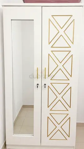 White 2-Door Wardrobe with Mirror and Gold Accent