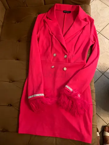 Pink Feather Cuff Double-Breasted Blazer Dress - S -