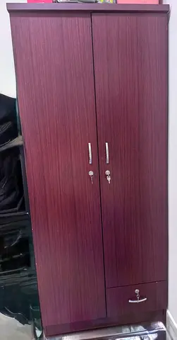 Two-door wooden wardrobe with lockable doors and drawer - dark brown