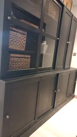 Large Black Wooden Display Cabinet with Glass Doors - Good Condition