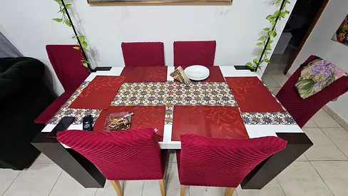 White Marble Top - Dining table set with 6 chairs and maroon slipcovers — good condition