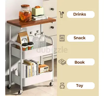 White 3-Tier Rolling Utility Cart with Wooden Top (New)