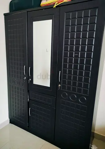 3-Door Black Wardrobe with Mirror — Good Condition