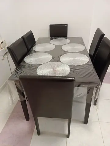 6-Seater Dining Table with Faux Leather Chairs - Dark Wood