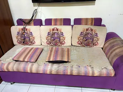 3-Seater Purple Fabric Sofa with Decorative Cushions -need only cleaning
