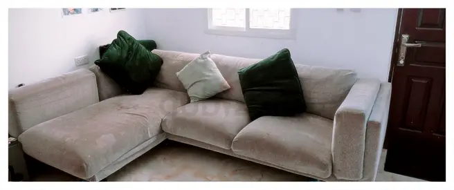 Ikea L-shaped fabric sofa - 3-seater with chaise, beige/gray