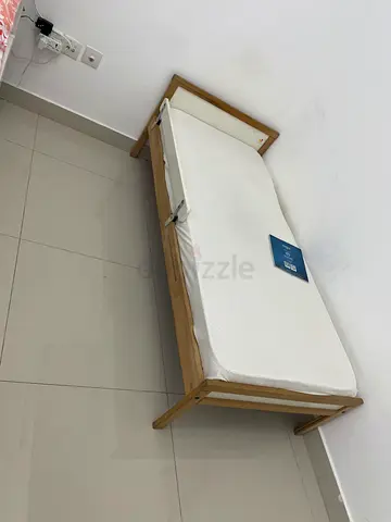 Single wooden bed frame with mattress and guard rail  - good condition