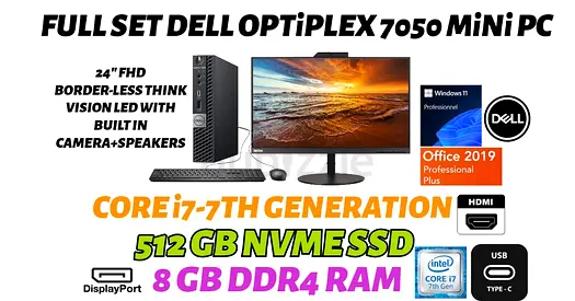 FULL SET Dell OptiPlex 7050 mini-intel CORE i7-7th Genration-8GB RAM-512GB NVME SSD-24” SCREEN
