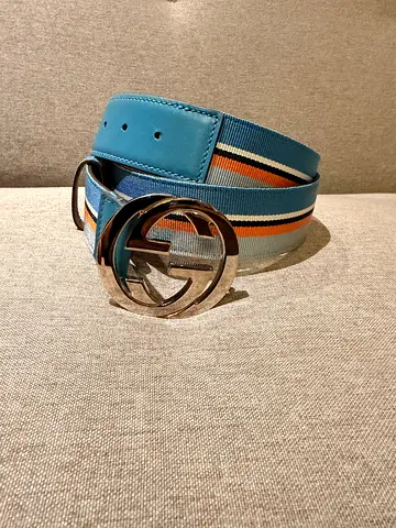 Gucci Blue Striped Canvas and Leather Interlocking G Buckle Belt 95 CM