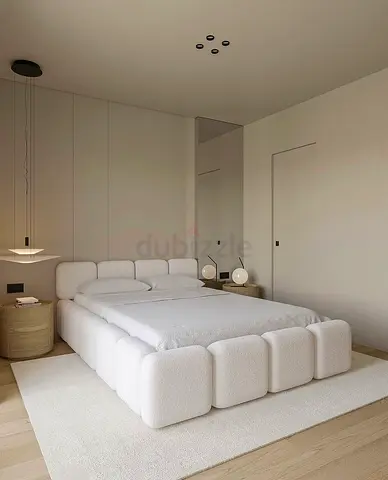 Minimalist White Bouclé Platform Bed with Low Profile Frame