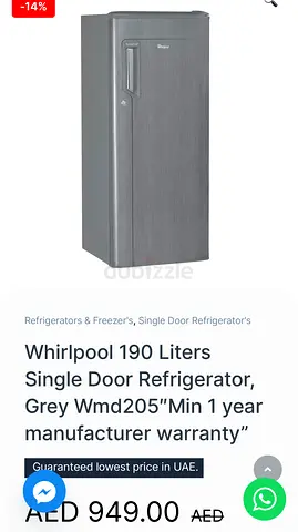 Whirlpool 190L Single Door Refrigerator - Grey