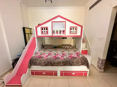 Kids Bunk Bed with Slide and Storage - Pink House Design with lot of storage and slide also