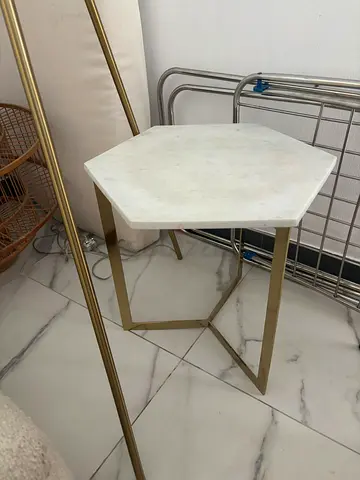 Hexagonal Marble Top Side Table with Gold Metal Base