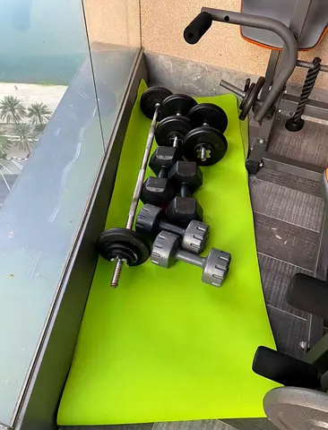 Set of adjustable dumbbells and barbell with weights - good condition