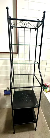 Tall Black Metal Shelving Unit with Glass Shelf and Hooks