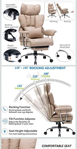 Beige ergonomic reclining office chair with padded armrests - good condition