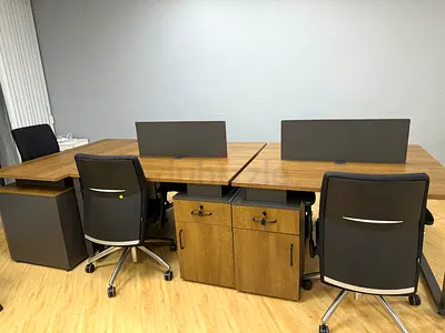 Set of 5 Wooden Office Desks with Dividers and Storage Cabinets