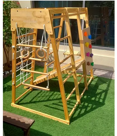 Wooden Indoor/Outdoor Kids Climbing Frame with Rings, Rope Ladder and Rock Wall