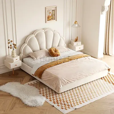 Plush Shell-Style Upholstered Bed with Low Platform - Cream