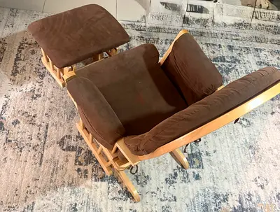 Wooden Glider Recliner Chair with Ottoman — Brown Cushions