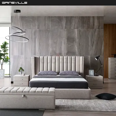 Modern upholstered king bed with matching nightstands and bench - light grey set