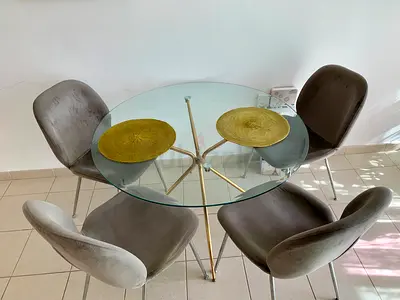 Dinning set , Glass table with velour chairs