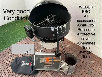 Weber Charcoal Kettle BBQ with Rotisserie, Cover and Accessories - Good Condition