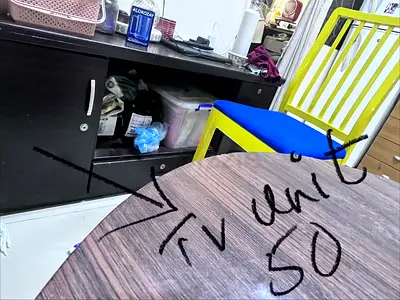 Wooden Dining Table with Yellow  Blue Chairs (Set) - Good Condition