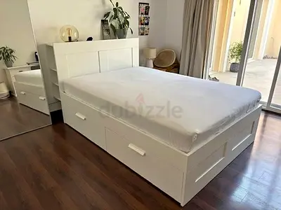 IKEA White BRIMNES Queen Storage Bed with IKEA Mattress 160 x 200 cm