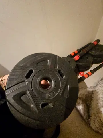 Set of weight plates with bars and collars - used home gym gear